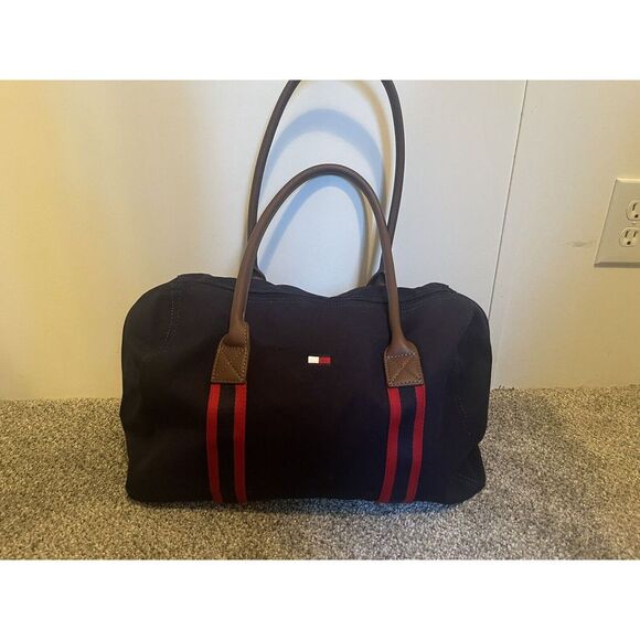 Tommy Hilfiger Handbags - Vintage Tommy Hilfiger Navy Blue Duffle Bag Gym Tote With Brown Leather Handles